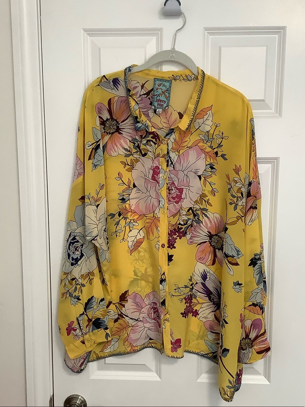 Johnny Was Silk Yellow Floral Button-Down Shirt